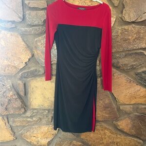 Ralph Lauren Red and Black Long-Sleeve Ruched Sheath Dress